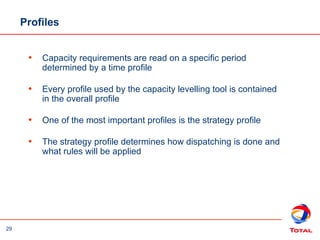 29
Profiles
• Capacity requirements are read on a specific period
determined by a time profile
• Every profile used by the capacity levelling tool is contained
in the overall profile
• One of the most important profiles is the strategy profile
• The strategy profile determines how dispatching is done and
what rules will be applied
 