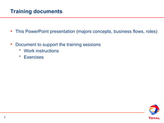 3
Training documents
• This PowerPoint presentation (majors concepts, business flows, roles)
• Document to support the training sessions
 Work instructions
 Exercises
 