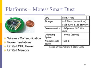 Platforms – Motes/ Smart Dust
 Wireless Communication
 Power Limitations
 Limited CPU Power
 Limited Memory
10
CPU 8-bit, 4MHZ
Storage 8kB Flash (Instructions)
512B RAM, 512B EEPROM
Communication 10kBps over 916 MHz
radio
Operating
System
Tiny OS (3500B)
Available code
space
4500 B
Source: Wireless Networks 8, 521-534, 2002
 