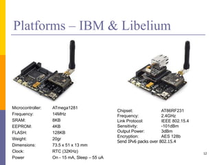 Platforms – IBM & Libelium
Microcontroller: ATmega1281
Frequency: 14MHz
SRAM: 8KB
EEPROM: 4KB
FLASH: 128KB
Weight: 20gr
Dimensions: 73.5 x 51 x 13 mm
Clock: RTC (32KHz)
Power On - 15 mA, Sleep – 55 uA
12
Chipset: AT86RF231
Frequency: 2.4GHz
Link Protocol: IEEE 802.15.4
Sensitivity: -101dBm
Output Power: 3dBm
Encryption: AES 128b
Send IPv6 packs over 802.15.4
 