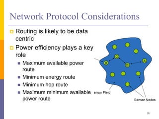 Network Protocol Considerations
 Routing is likely to be data
centric
 Power efficiency plays a key
role
 Maximum available power
route
 Minimum energy route
 Minimum hop route
 Maximum minimum available
power route
35
 