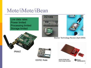 Mote/iMote/iBean
7
Low data rates
Power limited
Processing limited
Storage limited
Source: Technology Review (April 2004)
EISTEC Mulle
iMote2
 
