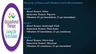 Hierarchy of Texture and Vibration Used in Desensitization
Level 4
- Dowel Texture: Velvet
- Immersion Texture: Popcorn
- Vibration: 83 cps intermittent, 23 cps intermittent
Level 5
- Dowel Texture: Semirough Cloth
- Immersion Texture: Pinto beans
- Vibration: 83 intermittent, 23 cps continuous
Level 6
- Dowel Texture: Velcro loop
- Immersion Texture: Macaroni
- Vibration: 83 continuous, 53 cps intermittent
 