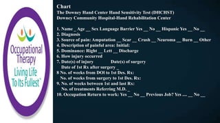 Chart
The Downey Hand Center Hand Sensitivity Test (DHCHST)
Downey Community Hospital-Hand Rehabilitation Center
1. Name _ Age __ Sex Language Barrier Yes __ No __ Hispanic Yes __ No __
2. Diagnosis
3. Source of pain: Amputation __ Scar __ Crush __ Neuroma __ Burn __ Other
4. Description of painful area: Initial:
5. Dominance: Right __ Lett __ Discharge
6. How injury occurred
7. Date(s) of injury Date(s) of surgery
Date of 1st Rx after surgery _
8 No. of weeks from DOl to 1st Des. Rx:
No. of weeks from surgery to 1st Des. Rx:
9. No. of weeks between 1st and last Rx:
No. of treatments Referring M.D. _
10. Occupation Return to work: Yes __ No __ Previous Job? Yes .... __ No __
 