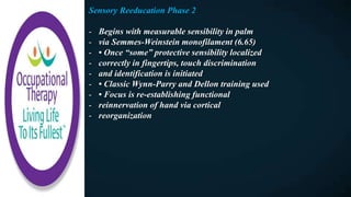 Sensory Reeducation Phase 2
- Begins with measurable sensibility in palm
- via Semmes-Weinstein monofilament (6.65)
- • Once “some” protective sensibility localized
- correctly in fingertips, touch discrimination
- and identification is initiated
- • Classic Wynn-Parry and Dellon training used
- • Focus is re-establishing functional
- reinnervation of hand via cortical
- reorganization
 