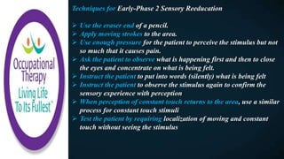 Techniques for Early-Phase 2 Sensory Reeducation
 Use the eraser end of a pencil.
 Apply moving strokes to the area.
 Use enough pressure for the patient to perceive the stimulus but not
so much that it causes pain.
 Ask the patient to observe what is happening first and then to close
the eyes and concentrate on what is being felt.
 Instruct the patient to put into words (silently) what is being felt
 Instruct the patient to observe the stimulus again to confirm the
sensory experience with perception
 When perception of constant touch returns to the area, use a similar
process for constant touch stimuli
 Test the patient by requiring localization of moving and constant
touch without seeing the stimulus
 