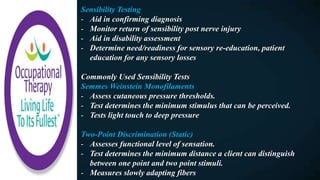 Sensibility Testing
- Aid in confirming diagnosis
- Monitor return of sensibility post nerve injury
- Aid in disability assessment
- Determine need/readiness for sensory re-education, patient
education for any sensory losses
Commonly Used Sensibility Tests
Semmes Weinstein Monofilaments
- Assess cutaneous pressure thresholds.
- Test determines the minimum stimulus that can be perceived.
- Tests light touch to deep pressure
Two-Point Discrimination (Static)
- Assesses functional level of sensation.
- Test determines the minimum distance a client can distinguish
between one point and two point stimuli.
- Measures slowly adapting fibers
 