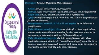 Procedure: Semmes Weinstein Monofilaments
- Follow general sensory testing procedures.
- Instruct client to say “touch” each time they feel the monofilament.
- Begin with the 2.83 monofilament (normal light touch)
- Apply monofilament for 1-1.5 seconds to the skin in a perpendicular
fashion until it bows.
- Monofilaments marked 2.83 & 4.31 are applied up to 3 times to a
specific area.
- If the client accurately perceives any of the first three applications,
document the monofilament number for that area and move on to
the next area to be tested with the 2.83 monofilament.
- If the client doesn’t perceive the 2.83 monofilament after three
applications, retest with the 4.31 monofilament apply up to the three
times. If accurately perceived, document & move on to the next area
to be tested starting with the 2.83 monofilament.
 