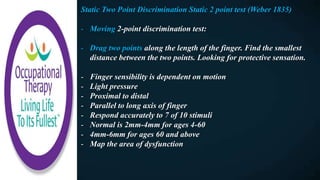 Static Two Point Discrimination Static 2 point test (Weber 1835)
- Moving 2-point discrimination test:
- Drag two points along the length of the finger. Find the smallest
distance between the two points. Looking for protective sensation.
- Finger sensibility is dependent on motion
- Light pressure
- Proximal to distal
- Parallel to long axis of finger
- Respond accurately to 7 of 10 stimuli
- Normal is 2mm-4mm for ages 4-60
- 4mm-6mm for ages 60 and above
- Map the area of dysfunction
 
