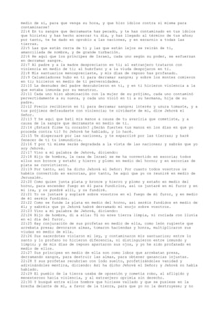 medio de sí, para que venga su hora, y que hizo ídolos contra sí misma para
contaminarse!
22:4 En tu sangre que derramaste has pecado, y te has contaminado en tus ídolos
que hiciste; y has hecho acercar tu día, y has llegado al término de tus años;
por tanto, te he dado en oprobio a las naciones, y en escarnio a todas las
tierras.
22:5 Las que están cerca de ti y las que están lejos se reirán de ti,
amancillada de nombre, y de grande turbación.
22:6 He aquí que los príncipes de Israel, cada uno según su poder, se esfuerzan
en derramar sangre.
22:7 Al padre y a la madre despreciaron en ti; al extranjero trataron con
violencia en medio de ti; al huérfano y a la viuda despojaron en ti.
22:8 Mis santuarios menospreciaste, y mis días de reposo has profanado.
22:9 Calumniadores hubo en ti para derramar sangre; y sobre los montes comieron
en ti; hicieron en medio de ti perversidades.
22:10 La desnudez del padre descubrieron en ti, y en ti hicieron violencia a la
que estaba inmunda por su menstruo.
22:11 Cada uno hizo abominación con la mujer de su prójimo, cada uno contaminó
pervertidamente a su nuera, y cada uno violó en ti a su hermana, hija de su
padre.
22:12 Precio recibieron en ti para derramar sangre; interés y usura tomaste, y a
tus prójimos defraudaste con violencia; te olvidaste de mí, dice Jehová el
Señor.
22:13 Y he aquí que batí mis manos a causa de tu avaricia que cometiste, y a
causa de la sangre que derramaste en medio de ti.
22:14 ¿Estará firme tu corazón? ¿Serán fuertes tus manos en los días en que yo
proceda contra ti? Yo Jehová he hablado, y lo haré.
22:15 Te dispersaré por las naciones, y te esparciré por las tierras; y haré
fenecer de ti tu inmundicia.
22:16 Y por ti misma serás degradada a la vista de las naciones; y sabrás que yo
soy Jehová.
22:17 Vino a mí palabra de Jehová, diciendo:
22:18 Hijo de hombre, la casa de Israel se me ha convertido en escoria; todos
ellos son bronce y estaño y hierro y plomo en medio del horno; y en escorias de
plata se convirtieron.
22:19 Por tanto, así ha dicho Jehová el Señor: Por cuanto todos vosotros os
habéis convertido en escorias, por tanto, he aquí que yo os reuniré en medio de
Jerusalén.
22:20 Como quien junta plata y bronce y hierro y plomo y estaño en medio del
horno, para encender fuego en él para fundirlos, así os juntaré en mi furor y en
mi ira, y os pondré allí, y os fundiré.
22:21 Yo os juntaré y soplaré sobre vosotros en el fuego de mi furor, y en medio
de él seréis fundidos.
22:22 Como se funde la plata en medio del horno, así seréis fundidos en medio de
él; y sabréis que yo Jehová habré derramado mi enojo sobre vosotros.
22:23 Vino a mí palabra de Jehová, diciendo:
22:24 Hijo de hombre, di a ella: Tú no eres tierra limpia, ni rociada con lluvia
en el día del furor.
22:25 Hay conjuración de sus profetas en medio de ella, como león rugiente que
arrebata presa; devoraron almas, tomaron haciendas y honra, multiplicaron sus
viudas en medio de ella.
22:26 Sus sacerdotes violaron mi ley, y contaminaron mis santuarios; entre lo
santo y lo profano no hicieron diferencia, ni distinguieron entre inmundo y
limpio; y de mis días de reposo apartaron sus ojos, y yo he sido profanado en
medio de ellos.
22:27 Sus príncipes en medio de ella son como lobos que arrebatan presa,
derramando sangre, para destruir las almas, para obtener ganancias injustas.
22:28 Y sus profetas recubrían con lodo suelto, profetizándoles vanidad y
adivinándoles mentira, diciendo: Así ha dicho Jehová el Señor; y Jehová no había
hablado.
22:29 El pueblo de la tierra usaba de opresión y cometía robo, al afligido y
menesteroso hacía violencia, y al extranjero oprimía sin derecho.
22:30 Y busqué entre ellos hombre que hiciese vallado y que se pusiese en la
brecha delante de mí, a favor de la tierra, para que yo no la destruyese; y no
 