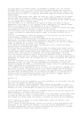 31:4 Las aguas lo hicieron crecer, lo encumbró el abismo; sus ríos corrían
alrededor de su pie, y a todos los árboles del campo enviaba sus corrientes.
31:5 Por tanto, se encumbró su altura sobre todos los árboles del campo, y se
multiplicaron sus ramas, y a causa de las muchas aguas se alargó su ramaje que
había echado.
31:6 En sus ramas hacían nido todas las aves del cielo, y debajo de su ramaje
parían todas las bestias del campo, y a su sombra habitaban muchas naciones.
31:7 Se hizo, pues, hermoso en su grandeza con la extensión de sus ramas; porque
su raíz estaba junto a muchas aguas.
31:8 Los cedros no lo cubrieron en el huerto de Dios; las hayas no fueron
semejantes a sus ramas, ni los castaños fueron semejantes a su ramaje; ningún
árbol en el huerto de Dios fue semejante a él en su hermosura.
31:9 Lo hice hermoso con la multitud de sus ramas; y todos los árboles del Edén,
que estaban en el huerto de Dios, tuvieron de él envidia.
31:10 Por tanto, así dijo Jehová el Señor: Ya que por ser encumbrado en altura,
y haber levantado su cumbre entre densas ramas, su corazón se elevó con su
altura,
31:11 yo lo entregaré en manos del poderoso de las naciones, que de cierto le
tratará según su maldad. Yo lo he desechado.
31:12 Y lo destruirán extranjeros, los poderosos de las naciones, y lo
derribarán; sus ramas caerán sobre los montes y por todos los valles, y por
todos los arroyos de la tierra será quebrado su ramaje; y se irán de su sombra
todos los pueblos de la tierra, y lo dejarán.
31:13 Sobre su ruina habitarán todas las aves del cielo, y sobre sus ramas
estarán todas las bestias del campo,
31:14 para que no se exalten en su altura todos los árboles que crecen junto a
las aguas, ni levanten su copa entre la espesura, ni confíen en su altura todos
los que beben aguas; porque todos están destinados a muerte, a lo profundo de la
tierra, entre los hijos de los hombres, con los que descienden a la fosa.
31:15 Así ha dicho Jehová el Señor: El día que descendió al Seol, hice hacer
luto, hice cubrir por él el abismo, y detuve sus ríos, y las muchas aguas fueron
detenidas; al Líbano cubrí de tinieblas por él, y todos los árboles del campo se
desmayaron.
31:16 Del estruendo de su caída hice temblar a las naciones, cuando las hice
descender al Seol con todos los que descienden a la sepultura; y todos los
árboles escogidos del Edén, y los mejores del Líbano, todos los que beben aguas,
fueron consolados en lo profundo de la tierra.
31:17 También ellos descendieron con él al Seol, con los muertos a espada, los
que fueron su brazo, los que estuvieron a su sombra en medio de las naciones.
31:18 ¿A quién te has comparado así en gloria y en grandeza entre los árboles
del Edén? Pues derribado serás con los árboles del Edén en lo profundo de la
tierra; entre los incircuncisos yacerás, con los muertos a espada. Este es
Faraón y todo su pueblo, dice Jehová el Señor.
Capítulo 32
é
32:1 Aconteció en el año duodécimo, en el mes duodécimo, el día primero del mes,
que vino a mí palabra de Jehová, diciendo:
32:2 Hijo de hombre, levanta endechas sobre Faraón rey de Egipto, y dile: A
leoncillo de naciones eres semejante, y eres como el dragón en los mares; pues
secabas tus ríos, y enturbiabas las aguas con tus pies, y hollabas sus riberas.
32:3 Así ha dicho Jehová el Señor: Yo extenderé sobre ti mi red con reunión de
muchos pueblos, y te harán subir con mi red.
32:4 Y te dejaré en tierra, te echaré sobre la faz del campo, y haré posar sobre
ti todas las aves del cielo, y saciaré de ti a las fieras de toda la tierra.
32:5 Pondré tus carnes sobre los montes, y llenaré los valles de tus cadáveres.
32:6 Y regaré de tu sangre la tierra donde nadas, hasta los montes; y los
arroyos se llenarán de ti.
32:7 Y cuando te haya extinguido, cubriré los cielos, y haré entenebrecer sus
estrellas; el sol cubriré con nublado, y la luna no hará resplandecer su luz.
32:8 Haré entenebrecer todos los astros brillantes del cielo por ti, y pondré
tinieblas sobre tu tierra, dice Jehová el Señor.
 