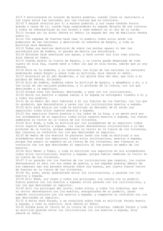 32:9 Y entristeceré el corazón de muchos pueblos, cuando lleve al cautiverio a
los tuyos entre las naciones, por las tierras que no conociste.
32:10 Y dejaré atónitos por ti a muchos pueblos, y sus reyes tendrán horror
grande a causa de ti, cuando haga resplandecer mi espada delante de sus rostros;
y todos se sobresaltarán en sus ánimos a cada momento en el día de tu caída.
32:11 Porque así ha dicho Jehová el Señor: La espada del rey de Babilonia vendrá
sobre ti.
32:12 Con espadas de fuertes haré caer tu pueblo; todos ellos serán los
poderosos de las naciones; y destruirán la soberbia de Egipto, y toda su
multitud será deshecha.
32:13 Todas sus bestias destruiré de sobre las muchas aguas; ni más las
enturbiará pie de hombre, ni pezuña de bestia las enturbiará.
32:14 Entonces haré asentarse sus aguas, y haré correr sus ríos como aceite,
dice Jehová el Señor.
32:15 Cuando asuele la tierra de Egipto, y la tierra quede despojada de todo
cuanto en ella hay, cuando mate a todos los que en ella moran, sabrán que yo soy
Jehová.
32:16 Esta es la endecha, y la cantarán; las hijas de las naciones la cantarán;
endecharán sobre Egipto y sobre toda su multitud, dice Jehová el Señor.
32:17 Aconteció en el año duodécimo, a los quince días del mes, que vino a mí
palabra de Jehová, diciendo:
32:18 Hijo de hombre, endecha sobre la multitud de Egipto, y despéñalo a él, y a
las hijas de las naciones poderosas, a lo profundo de la tierra, con los que
descienden a la sepultura.
32:19 Porque eres tan hermoso, desciende, y yace con los incircuncisos.
32:20 Entre los muertos a espada caerá; a la espada es entregado; traedlo a él y
a todos sus pueblos.
32:21 De en medio del Seol hablarán a él los fuertes de los fuertes, con los que
le ayudaron, que descendieron y yacen con los incircuncisos muertos a espada.
32:22 Allí está Asiria con toda su multitud; en derredor de él están sus
sepulcros; todos ellos cayeron muertos a espada.
32:23 Sus sepulcros fueron puestos a los lados de la fosa, y su gente está por
los alrededores de su sepulcro; todos ellos cayeron muertos a espada, los cuales
sembraron el terror en la tierra de los vivientes.
32:24 Allí Elam, y toda su multitud por los alrededores de su sepulcro; todos
ellos cayeron muertos a espada, los cuales descendieron incircuncisos a lo más
profundo de la tierra, porque sembraron su terror en la tierra de los vivientes,
mas llevaron su confusión con los que descienden al sepulcro.
32:25 En medio de los muertos le pusieron lecho con toda su multitud; a sus
alrededores están sus sepulcros; todos ellos incircuncisos, muertos a espada,
porque fue puesto su espanto en la tierra de los vivientes, mas llevaron su
confusión con los que descienden al sepulcro; él fue puesto en medio de los
muertos.
32:26 Allí Mesec y Tubal, y toda su multitud; sus sepulcros en sus alrededores;
todos ellos incircuncisos, muertos a espada, porque habían sembrado su terror en
la tierra de los vivientes.
32:27 Y no yacerán con los fuertes de los incircuncisos que cayeron, los cuales
descendieron al Seol con sus armas de guerra, y sus espadas puestas debajo de
sus cabezas; mas sus pecados estarán sobre sus huesos, por cuanto fueron terror
de fuertes en la tierra de los vivientes.
32:28 Tú, pues, serás quebrantado entre los incircuncisos, y yacerás con los
muertos a espada.
32:29 Allí Edom, sus reyes y todos sus príncipes, los cuales con su poderío
fueron puestos con los muertos a espada; ellos yacerán con los incircuncisos, y
con los que descienden al sepulcro.
32:30 Allí los príncipes del norte, todos ellos, y todos los sidonios, que con
su terror descendieron con los muertos, avergonzados de su poderío, yacen
también incircuncisos con los muertos a espada, y comparten su confusión con los
que descienden al sepulcro.
32:31 A éstos verá Faraón, y se consolará sobre toda su multitud; Faraón muerto
a espada, y todo su ejército, dice Jehová el Señor.
32:32 Porque puse mi terror en la tierra de los vivientes, también Faraón y toda
su multitud yacerán entre los incircuncisos con los muertos a espada, dice
Jehová el Señor.
 