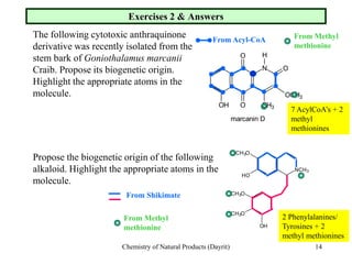 Chemistry of Natural Products (Dayrit) 14
Exercises 2 & Answers
The following cytotoxic anthraquinone
derivative was recently isolated from the
stem bark of Goniothalamus marcanii
Craib. Propose its biogenetic origin.
Highlight the appropriate atoms in the
molecule.
Propose the biogenetic origin of the following
alkaloid. Highlight the appropriate atoms in the
molecule.
From Acyl-CoA From Methyl
methionine
N
O
O CH3
OCH3
O
OH
H
marcanin D
From Methyl
methionine
From Shikimate
7 AcylCoA’s + 2
methyl
methionines
2 Phenylalanines/
Tyrosines + 2
methyl methionines
NCH3
CH3O
HO
CH3O
CH3O
OH
 