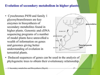 3. Secondary metabolites and Biosynthesis (Dayrit) 17
Evolution of secondary metabolism in higher plants)
• Cytochromes P450 and family 1
glycosyltransferases are key
enzymes in biosynthesis of
secondary metabolites found in
higher plants. Genomic and cDNA
sequencing programs of a number
of model plants have unravelled a
wealth of information on genes
and genomes giving better
understanding of evolution in
terrestrial plants.
• Deduced sequences of genes can be used in the analysis of
phylogenetic trees to obtain their evolutionary relationship.
 