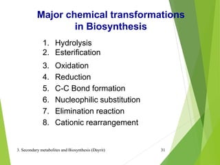 3. Secondary metabolites and Biosynthesis (Dayrit) 31
Major chemical transformations
in Biosynthesis
1. Hydrolysis
2. Esterification
3. Oxidation
4. Reduction
5. C-C Bond formation
6. Nucleophilic substitution
7. Elimination reaction
8. Cationic rearrangement
 