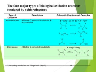 3. Secondary metabolites and Biosynthesis (Dayrit) 48
The four major types of biological oxidation reactions
catalyzed by oxidoreductases
Type of
Oxidation
Description Schematic Reaction and Examples
Monooxygenase Adds one O atom to the substrate. A
is a coenzyme.
S + AH2 + O2  SO + A + H2O
R R
H H
R R
H H
O
CH R
CH2
OH
R
R
CH2
CH2
R
R
C
H
O
R
C
OH
O
Dioxygenase Adds two O atoms to the substrate S + O2  SO2
R1 R2
H H
O2
R1
H
O
R2
H
O
+
 