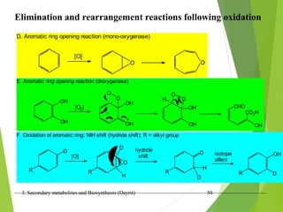 3. Secondary metabolites and Biosynthesis (Dayrit) 50
Elimination and rearrangement reactions following oxidation
D. Aromatic ring opening reaction (mono-oxygenase)
[O]
O O
E. Aromatic ring opening reaction (dioxygenase)
[O ]
OH
OH
2
OH
OH
O
O
+
_
OH
OH
O
O
H
CO2H
CHO
OH
F. Oxidation of aromatic ring: NIH shift (hydride shift); R = alkyl group
O
R
D
H
[O]
R
D
R
O
H
D
R
OH
D
isotope
effect
hydride
shift
 