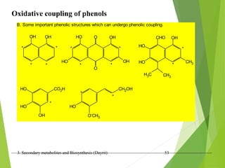 3. Secondary metabolites and Biosynthesis (Dayrit) 53
Oxidative coupling of phenols
B. Some important phenolic structures which can undergo phenolic coupling.
OH OH
*
*
*
* *
*
*
*
HO O
O
OH
OH
HO
*
*
OH
CH3
CHO
HO
HO
H3C CH3
CO2H
OH
HO
HO CH2OH
HO
O-
CH3
*
*
*
 