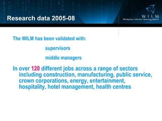 Research data 2005-08 The WILM has been validated with: supervisors middle managers In over  120  different jobs across a range of sectors including construction, manufacturing, public service, crown corporations, energy, entertainment, hospitality, hotel management, health centres 