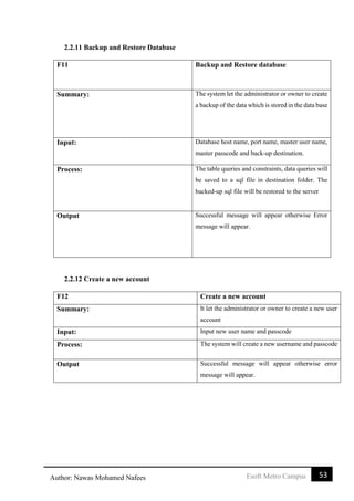 53Esoft Metro CampusAuthor: Nawas Mohamed Nafees
2.2.11 Backup and Restore Database
F11 Backup and Restore database
Summary: The system let the administrator or owner to create
a backup of the data which is stored in the data base
Input: Database host name, port name, master user name,
master passcode and back-up destination.
Process: The table queries and constraints, data queries will
be saved to a sql file in destination folder. The
backed-up sql file will be restored to the server
Output Successful message will appear otherwise Error
message will appear.
2.2.12 Create a new account
F12 Create a new account
Summary: It let the administrator or owner to create a new user
account
Input: Input new user name and passcode
Process: The system will create a new username and passcode
Output Successful message will appear otherwise error
message will appear.
 