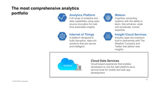 © 2016 IBM Corporation
25
The most comprehensive analytics
portfolio Analytics Platform
Full range of analytics and
data capabilities using open
source innovation for real-
time actionable insights
Watson
Cognitive computing
systems with the ability to
learn, that enhance, scale
and accelerate, human
expertise
Internet of Things
A platform designed to
build disruptive, data-rich
solutions that are secure
and intelligent
Insight Cloud Services
Industry apps and solutions
built in partnership with The
Weather Company and
Twitter that deliver new
insights
Cloud Data Services
Cloud-based experience that enables
developers to use the right platform-as-a-
service tools for mobile and web app
development
 