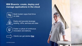 © 2016 IBM Corporation
IBM Bluemix: create, deploy and
manage applications in the cloud
Build modern apps that thrive
on data
Easily and securely leverage
existing APIs, services and data
Foster a culture of continuous
innovation and delivery
Clients can get started free
7
 