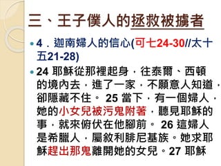 三、王子僕人的拯救被擄者
 4﹒迦南婦人的信心(可七24-30//太十
五21-28)
 24 耶穌從那裡起身，往泰爾、西頓
的境內去，進了一家，不願意人知道，
卻隱藏不住。 25 當下，有一個婦人，
她的小女兒被污鬼附著，聽見耶穌的
事，就來俯伏在他腳前。 26 這婦人
是希臘人，屬敘利腓尼基族。她求耶
穌趕出那鬼離開她的女兒。27 耶穌
 