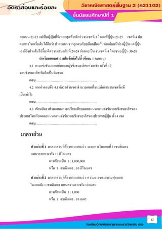 12
โรงเรียนวิทยาศาสตร์จุฬาภรณราชวิทยาลัย ตรัง
คะแนน 23-23 แต่เป็นญี่ปุ่นที่จังหวะสุดท้ายดีกว่า จบเซตที่ 3 ไทยแพ้ญี่ปุ่น 23-25 เซตที่ 4 นัก
ตบสาวไทยเริ่มต้นได้ดีกว่า ทาคะแนนจากลูกตบกับบล็อคป้องกันทาแต้มหนีห่างญี่ปุ่น แต่ญี่ปุ่น
เองก็ยังทาแต้มไล่จี้มาติดๆจนเสมอกันที่ 24-24 ก่อนจะเป็น จบเซตที่ 4 ไทยชนะญี่ปุ่น 30-28
นักเรียนตอบคาถามในข้อต่อไปนี้ (ข้อละ 1 คะแนน)
4.1 การแข่งขันวอลเลย์บอลหญิงชิงชนะเลิศแห่งเอเชีย ครั้งที่ 17
รอบชิงชนะเลิศ ทีมใดเป็นทีมชนะ
ตอบ…………………………………………………
4.2 จากคาตอบข้อ 4.1 อัตราส่วนของจานวนเซตที่ชนะต่อจานวนเซตที่แพ้
เป็นเท่าไร
ตอบ…………………………………………………
4.3 เขียนอัตราส่วนแสดงการเปรียบเทียบผลคะแนนการแข่งขันรอบชิงชนะเลิศของ
ประเทศไทยกับผลคะแนนการแข่งขันรอบชิงชนะเลิศของประเทศญี่ปุ่น ทั้ง 4 เซต
ตอบ…………………………………………………
มาตราส่วน
ตัวอย่างที่ 1 มาตราส่วนที่ต้องการแสดงว่า ระยะทางในแผนที่ 1 เซนติเมตร
แทนระยะทางจริง 10 กิโลเมตร
อาจเขียนเป็น 1 : 1,000,000
หรือ 1 เซนติเมตร : 10 กิโลเมตร
ตัวอย่างที่ 2 มาตราส่วนที่ต้องการแสดงว่า ความยาวของสนามฟุตบอล
ในแผนผัง 1 เซนติเมตร แทนความยาวจริง 10 เมตร
อาจเขียนเป็น 1 : 1,000
หรือ 1 เซนติเมตร : 10 เมตร
 
