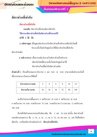 16
โรงเรียนวิทยาศาสตร์จุฬาภรณราชวิทยาลัย ตรัง
อัตราส่วนที่เท่ากัน
อัตราส่วนที่เท่ากัน
หมายถึง อัตราส่วนที่แสดงอัตราเดียวกัน
วิธีการหาอัตราส่วนที่เท่ากับอัตราส่วนที่กาหนดให้
ทาได้ 2 วิธี คือ
1. หลักการคูณ เมื่อคูณแต่ละจานวนในอัตราส่วนด้วยจานวนเดียวกันโดยที่
จานวนนั้นไม่เท่ากับศูนย์ จะได้อัตราส่วนใหม่ที่เท่ากับ
อัตราส่วนเดิม
2. หลัก การหาร เมื่อหารแต่ละจานวนในอัตราส่วนด้วยจานวน
เดียวกันโดยที่จานวนนั้นไม่เท่ากับศูนย์ จะได้
อัตราส่วนใหม่ที่เท่ากับอัตราส่วนเดิม
ตัวอย่างที่ 1 ถ้าแม่ค้าขายมะนาวในราคา 2 ผล ราคา 18 บาท สามารถเติมจานวนเงินที่
เป็นราคามะนาวในตารางได้ดังนี้
จานวนมะนาว (ผล) 2 4 6 8 10 12
จานวนเงิน (บาท) 18 36 54 72 90 108
จะเห็นว่าสามารถซื้อมะนาว 2 ผลในราคา 18 บาท 4 ผลในราคา 36 บาท
6 ผลในราคา 54 บาท 8 ผลในราคา 72 บาท 10 ผลในราคา 72 บาท และ 12 ผลในราคา
108 บาท
ถ้าแม่ค้ายังกาหนดราคาขายในอัตราเดิม คือ 2 ผล 18 บาท ดังนั้น อัตราส่วนที่
แทนอัตราตามตาราง คือ 2 : 18 , 4 : 32 , 6 : 54 , 8 : 72 , 10 : 90 และ 12 : 108 จึงเป็นอัตรา
เดียวกัน เราเรียกอัตราส่วนดังกล่าวว่า อัตราส่วนที่เท่ากัน
 