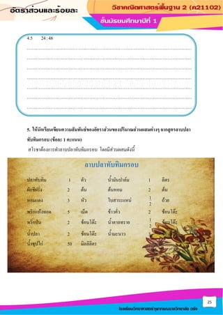 25
โรงเรียนวิทยาศาสตร์จุฬาภรณราชวิทยาลัย ตรัง
4.5 24:48
…………………………………………………………………………………………………
…………………………………………………………………………………………………
…………………………………………………………………………………………………
…………………………………………………………………………………………………
…………………………………………………………………………………………………
…………………………………………………………………………………………………
…………………………………………………………………………………………………
5. ให้นักเรียนเขียนความสัมพันธ์ของอัตราส่วนของปริมาณส่วนผสมต่างๆ จากสูตรลาบปลา
ทับทิมกรอบ (ข้อละ 1 คะแนน)
สโรชาต้องการทาลาบปลาทับทิมกรอบ โดยมีส่วนผสมดังนี้
ลาบปลาทับทิมกรอบ
ปลาทับทิม 1 ตัว น้ามันปาล์ม 1 ลิตร
ผักชีฝรั่ง 2 ต้น ต้นหอม 2 ต้น
หอมแดง 3 หัว ใบสาระแหน่ 1
2
ถ้วย
พริกแห้งทอด 5 เม็ด ข้าวคั่ว 2 ช้อนโต๊ะ
พริกป่น 2 ช้อนโต๊ะ น้าตาลทราย 1
2
ช้อนโต๊ะ
น้าปลา 2 ช้อนโต๊ะ น้ามะนาว 3 ช้อนโต๊ะ
น้าซุปไก่ 50 มิลลิลิตร
 