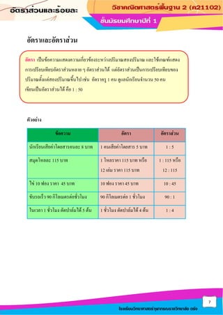 7
โรงเรียนวิทยาศาสตร์จุฬาภรณราชวิทยาลัย ตรัง
อัตราและอัตราส่วน
ตัวอย่าง
ข้อความ อัตรา อัตราส่วน
นักเรียนเสียค่าโดยสารคนละ 8 บาท 1 คนเสียค่าโดยสาร 5 บาท 1 : 5
สมุดโหลละ 115 บาท 1 โหลราคา 115 บาท หรือ
12 เล่ม ราคา 115 บาท
1 : 115 หรือ
12 : 115
ไข่ 10 ฟอง ราคา 45 บาท 10 ฟอง ราคา 45 บาท 10 : 45
ขับรถเร็ว 90 กิโลเมตรต่อชั่วโมง 90 กิโลเมตรต่อ 1 ชั่วโมง 90 : 1
ในเวลา 1 ชั่วโมง ตัดปาล์มได้ 5 ต้น 1 ชั่วโมง ตัดปาล์มได้ 4 ต้น 1 : 4
อัตรา เป็นข้อความแสดงความเกี่ยวข้องระหว่างปริมาณสองปริมาณ และใช้เกณฑ์แสดง
การเปรียบเทียบอัตราส่วนหลาย ๆ อัตราส่วนได้ แต่อัตราส่วนเป็นการเปรียบเทียบของ
ปริมาณตั้งแต่สองปริมาณขึ้นไป เช่น อัตราครู 1 คน ดูแลนักเรียนจานวน 50 คน
เขียนเป็นอัตราส่วนได้ คือ 1 : 50
 