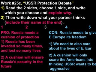 Work #25c , “ USSR Protection Debate ” 1)  Read the 2 sides, choose 1 side, and write which you choose and  explain   why . 2)  Then write down what your partner thinks ( include their name at the end ). 1    2   3  4  5 CON: Russia needs to give E Europe its freedom 1) We need to also care about the lives of E. Eur 2) A cushion will only scare the Americans into thinking USSR wants to be  aggressive PRO: Russia needs a cushion of protection 1) Russia has been invaded so many times, and lost so many lives 2) A cushion will ensure Russia’s security in the future 