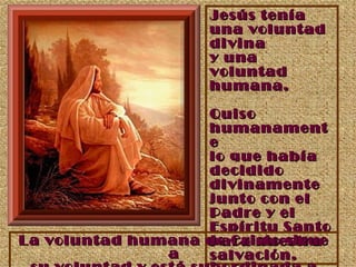 Jesús tenía una voluntad divina  y una voluntad humana. Quiso humanamente  lo que había decidido divinamente junto con el Padre y el Espíritu Santo para nuestra  salvación. La voluntad humana de Cristo sigue a su voluntad y está subordinada a ella. 