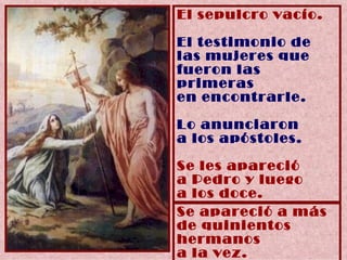 El sepulcro vacío. El testimonio de  las mujeres que  fueron las primeras  en encontrarle. Lo anunciaron  a los apóstoles. Se les apareció  a Pedro y luego  a los doce. Se apareció a más de quinientos hermanos a la vez. 