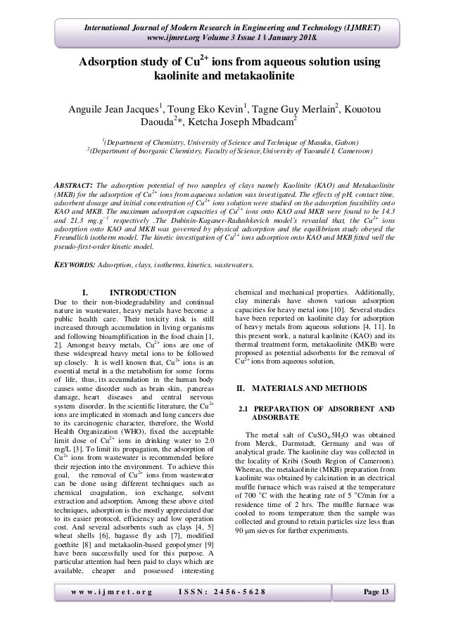 adsorption study of cu2 ions from aqueous solution using kaolinite a