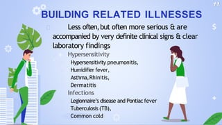 BUILDING RELATED ILLNESSES
🞂 Less often,but often more serious & are
accompanied by very definite clinical signs & clear
laboratory findings
🞂 Hypersensitivity
🞂 Hypersensitivity pneumonitis,
🞂 Humidifier fever,
🞂 Asthma,Rhinitis,
🞂 Dermatitis
🞂 Infections
🞂 Legionnaire’s disease and Pontiac fever
🞂 Tuberculosis (TB),
🞂 Common cold
11
 