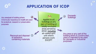 APPLICATION OF ICOP
Domestic
buildings
Applies to all
buildings or any
part of building or
totally enclosed
Any area or any part of the
building which is constructed,
used or intended to be used
for domestic or industrial
purposes
Any area/partof buildingwhere
Chemicals hazardousto healthare used
foranalytical, research or preservation
purposes
Removal and disposal
of asbestos
containing materials
areas served by
MVAC including
air-cooled split
unit where
persons work
EXCEPT
18
 