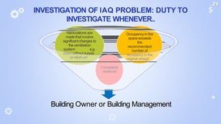 Renovations are
made that involve
significant changes to
the ventilation
system e.g.
room without supply
or return air
Occupancyin the
space exceeds
the
recommended
number of
occupancyin the
original design
INVESTIGATION OF IAQ PROBLEM: DUTY TO
INVESTIGATE WHENEVER..
Building Owner or Building Management
Complaints
received
21
 