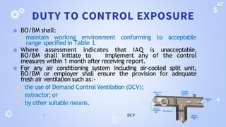 DUTY TO CONTROL EXPOSURE
⦿ BO/BM shall:
◾ maintain working environment conforming to acceptable
range specified in Table 1.
⦿ Where assessment indicates that IAQ is unacceptable,
BO/BM shall initiate to implement any of the control
measures within 1 month after receiving report.
⦿ For any air conditioning system including air-cooled split unit,
BO/BM or employer shall ensure the provision for adequate
fresh air ventilation such as:-
◾ the use of Demand ControlVentilation (DCV);
◾ extractor; or
◾ by other suitable means.
DCV
42
 