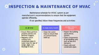 INSPECTION & MAINTENANCE OF MVAC
🞂 Maintenance schedule for MVAC system as per
manufacturer's recommendations to ensure that the equipment
operate efficiently.
🞂 If not specified,follow these frequencies and activities:
At all time At least every month
• Ensure filters perform
properly and do not
become clogged.
• Regularly check
cooling coils,
condensate pipes &
water trays for sign of
sludge,algae,rust,
blockage & leak.
• Clean the water
trays to ensure that
no contaminants
build up.
At least every 6
months
• Inspect the building
and its MVAC
system.
• Clean components
of air-handling units
such as fans and
dampers.
• Clean coils and
condensate pipes
43
 