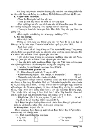 Nội dung chủ yếu của môn học là cung cấp cho sinh viên những hiểu biết
cơ bản có hệ thống về đường lối của Đảng, đặc biệt là đường lối thời kỳ đổi mới.
8. Nhiệm vụ của sinh viên:
- Tham dự đầy đủ các buổi học trên lớp.
- Tham gia làm đầy đủ các bài kiểm tra theo quy định.
- Phải nghiên cứu trước giáo trình, đọc các tài liệu có liên quan đến môn
học theo sự hướng dẫn của giảng viên; học tập tích cự, chủ động.
- Tham gia thảo luận theo quy định. Thực hiện đúng các quy định của
giảng viên.
- Phải có giáo trình Đường lối cách mạng của Đảng CSVN.
9. Tài liệu học tập:
- Giáo trình chính:
Đường lối cách mạng của Đảng Cộng sản Việt Nam do Bộ Giáo dục và
Đào tạo chỉ đạo biên soạn, Nhà xuất bản Chính trị quốc gia, năm 2011;
- Sách tham khảo:
+ Giáo trình Lịch sử Đảng Cộng sản Việt Nam do Hội đồng Trung ương
chỉ đạo biên soạn giáo trình quốc gia các môn khoa học Mác-Lênin, tư tưởng Hồ
Chí Minh, Nhà xuất bản Chính trị quốc gia, năm 2001.
+ Một số chuyên đề Đường lối cách mạng của Đảng Cộng sản Việt Nam,
Đại học Quốc gia, Nhà xuất bản Chính trị quốc gia, năm 2008.
+ Các văn kiện, nghị quyết của Đảng Cộng sản Việt Nam có liên quan
đến nội dung bài học ở các chương theo hướng dẫn của giảng viên.
+ Hỏi đáp: Đường lối cách mạng của Đảng CSVN.
10. Tiêu chuẩn đánh giá sinh viên:
10.1 Điểm đánh giá quá trình: Trọng số: 40 %
+ Kiểm tra thường xuyên: 1 lần, tự luận, 40 phút (tuần 4) Hệ số:1
+ Nhận thức, thảo luận, chuyên cần, tiểu luận Hệ số:1
Giảng viên có thể lựa chọn các hình thức sau để cho điểm: Nhận thức, thái
độ, tham gia thảo luận. Tiêu chuẩn đánh giá: Tinh thần tham gia thảo luận, chuẩn
bị bài, khả năng thuyết trình. Tùy theo mức độ mà cho điểm phù hợp; hoặc tính
điểm chuyên cần. Nếu tham gia đầy đủ tất cả các hoạt động trên lớp thì cho điểm
tối đa, vắng 1 buổi trừ 1 điểm; hoặc cho SV viết tiểu luận theo đề tài tự chọn.
Tiêu chí cho điểm: nội dung 8 điểm, hình thức 2 điểm. Tùy theo bài viết cụ thể
mà cho điểm thích hợp. Hoặc kết hợp các hình thức để lấy 1 cột điểm.
+ Thi giữa học phần: 1 lần, trắc nghiệm, 50 phút (tuần 7) Hệ số: 2
10.2. Điểm thi kết thúc học phần: Trọng số: 60 %
10.3. Điểm học phần là tổng điểm của tất cả các điểm đánh giá quá trình và
điểm thi kết thúc học phần nhân với trọng số tương ứng.
11.Thang điểm: 10 (từ 0 đến 10).
Điểm học phần, điểm đánh giá quá trình và điểm thi kết thúc HP được làm
tròn đến một chữ số thập phân.
11.1. Hình thức thi kết thúc học phần:
+ Tự luận x + Trắc nghiệm x
+ Vấn đáp + Tiểu luận
Trang 2/16
 