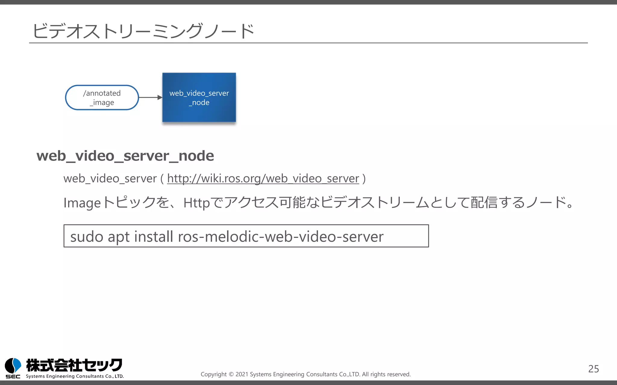 Copyright © 2021 Systems Engineering Consultants Co.,LTD. All rights reserved.
ビデオストリーミングノード
web_video_server_node
web_video_server ( http://wiki.ros.org/web_video_server )
Imageトピックを、Httpでアクセス可能なビデオストリームとして配信するノード。
25
web_video_server
_node
/annotated
_image
sudo apt install ros-melodic-web-video-server
 