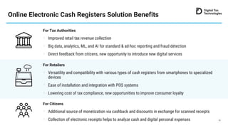 Online Electronic Cash Registers Solution Benefits
10
For Retailers
Versatility and compatibility with various types of ca...