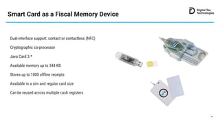 Smart Card as a Fiscal Memory Device
39
Dual-interface support: contact or contactless (NFC)
Cryptographic co-processor
Ja...