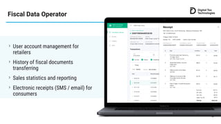 Fiscal Data Operator
46
User account management for
retailers
History of fiscal documents
transferring
Sales statistics an...