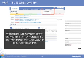 © 2020 NTT DATA INTELLILINK Corporation 12
サポート/技術問い合わせ
Web画面からHinemos有識者へ
問い合わせすることが出来ます。
問い合わせ内容や対応状況なども
一覧から確認出来ます。
 