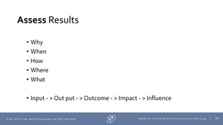 101T H E B R I T I S H B L O C K C H A I N A S S O C I A T I O N w w w . b r i t i s h b l o c k c h a i n a s s o c i a t i o n . o r g |
Assess Results
• Why
• When
• How
• Where
• What
• Input - > Out put - > Outcome - > Impact - > Influence
 