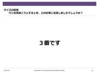 2015/4/5
クイズの回答
ウソを見抜こうとするとき、どの仕草に注目しましたでしょうか？
３番です
11Copyright © 2015 Koji Naruta All Rights Reserved.
 