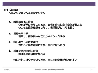 2015/4/5
クイズの回答
人間がウソをつくときのシグナル
1. 瞬間の変化に注意
ウソがバレそうになると、表情や身体に必ず変化が起こる
いつもと違う仕草をしたり、表情筋がぴくりと動く
2. 言行の不一致
言葉と、振る舞いがどこかギクシャクする
3. 話しのテンポに変化が
やたらと話が途切れたり、早口になったり
4. まばたきの回数に注意
まばたきの回数が増える
特にオトコはウソをつくとき、目にその変化が現れやすい
13Copyright © 2015 Koji Naruta All Rights Reserved.
 