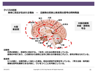 2015/4/5
クイズの回答
身体に反応が生まれる理由 … 辺縁系の反射と新皮質の思考の同時発露
辺縁系
外界の刺激に、反射的に反応する。「生存」のための責任を負っている。
感情の中枢であり、この部分から感情と生存に関わる行動を起こすよう、信号が発せられている。
新皮質
ヒトの頭に、比較的新しく加わった部位。高位の認知や記憶を司っている。（考える脳・知的脳）
複雑な思考を展開できるが故に、ウソをつくことを可能にしている。
15Copyright © 2015 Koji Naruta All Rights Reserved.
大脳
新皮質
大脳辺縁系
本能・感情を
司る
 